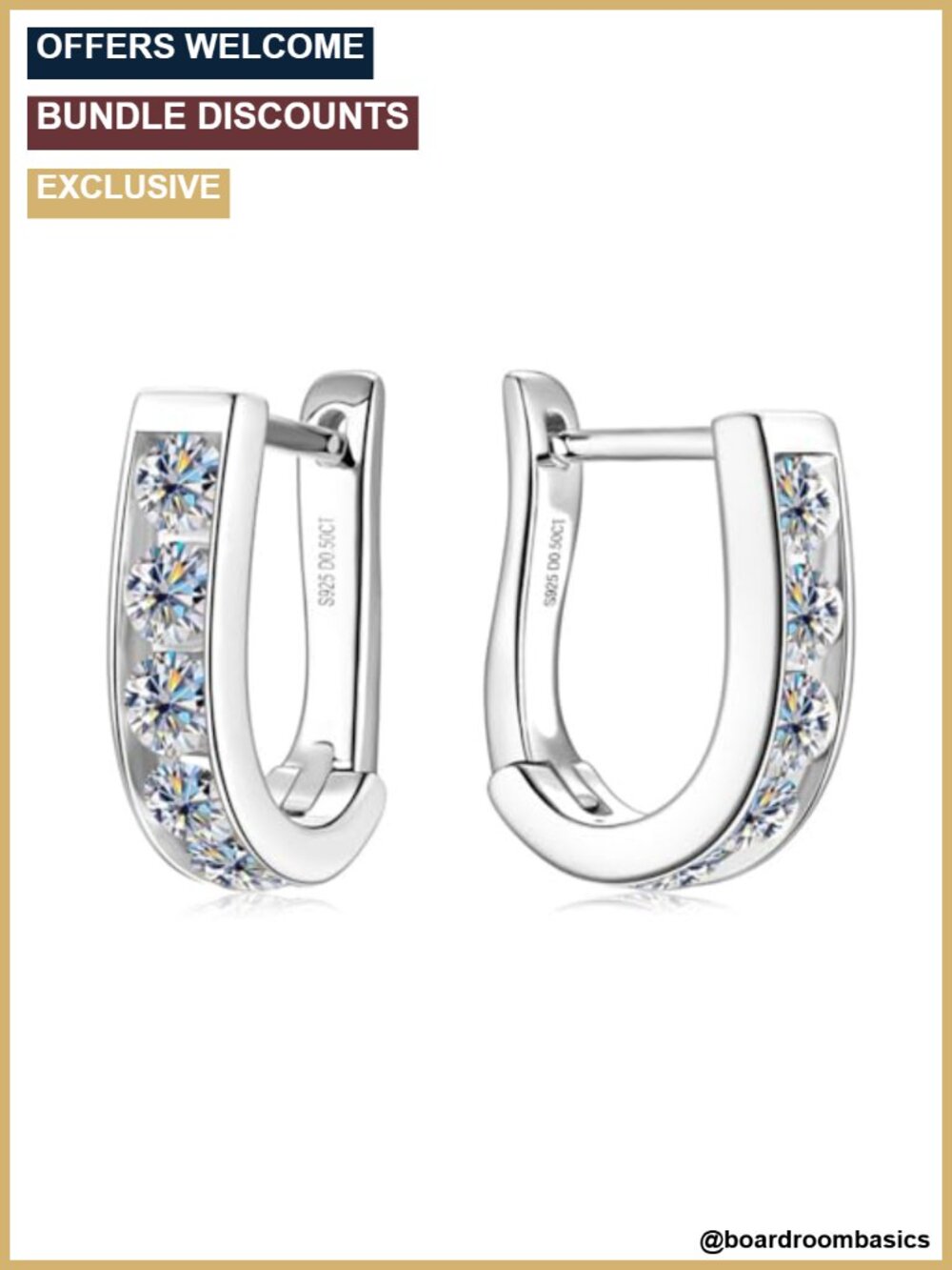 Sterling Silver U-Shaped Hoop Earrings Latch Back 0.5ct Diamond Women